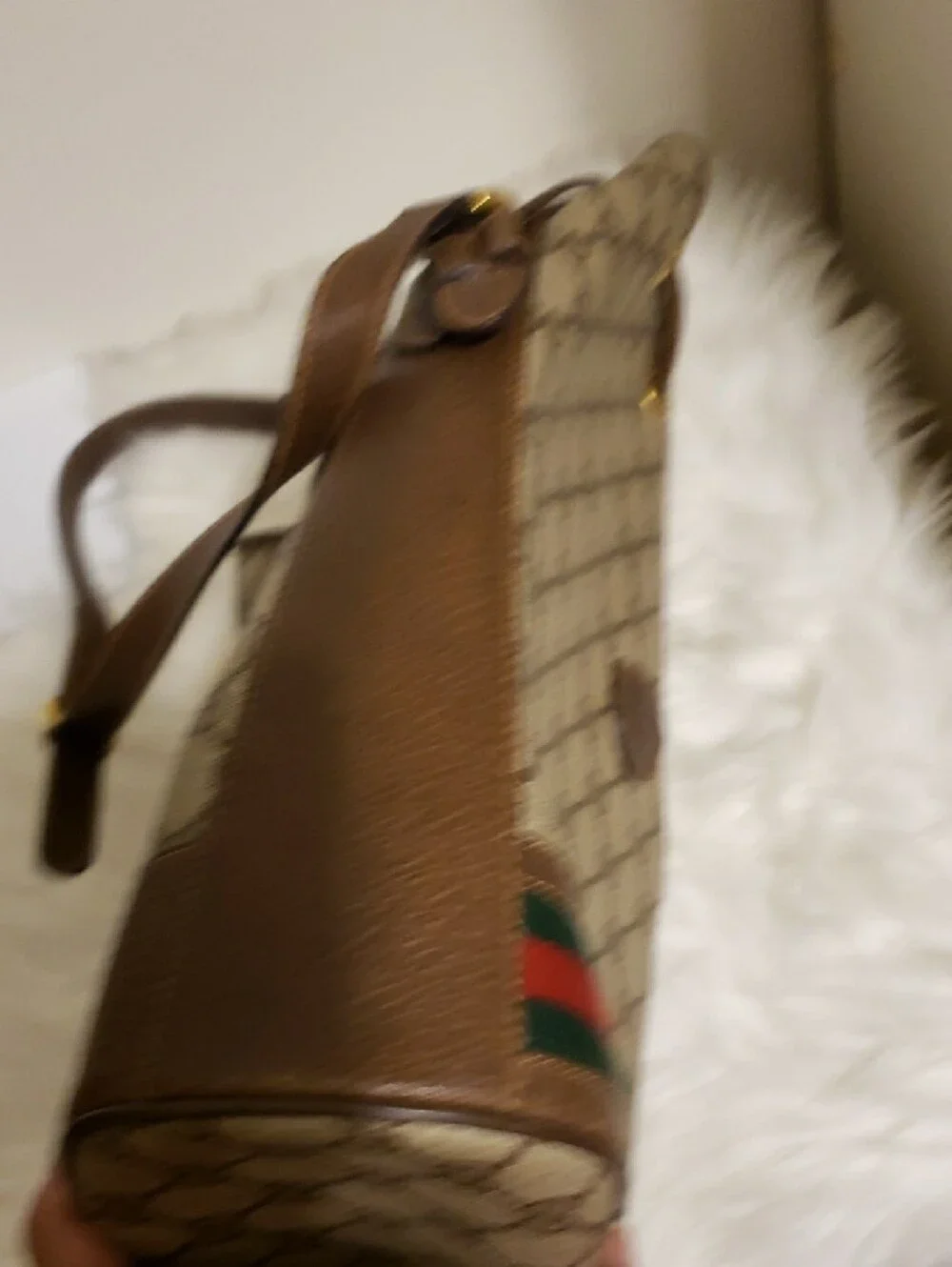 Gucci Beige Monogram Canvas Bucket Bag with Green-Red Stripe - Picture 11 of 16
